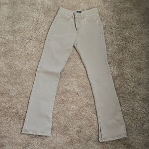 Express Skyscraper Mid Rise Tan Jeans With Boot Cutout